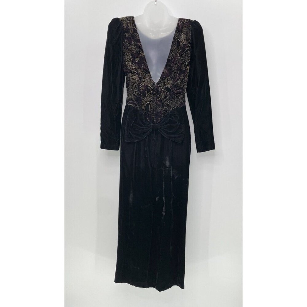 Vtg Jessica McClintock Black Velvet Shimmer Floral Bow Dress Sz 6 Dark Romantic